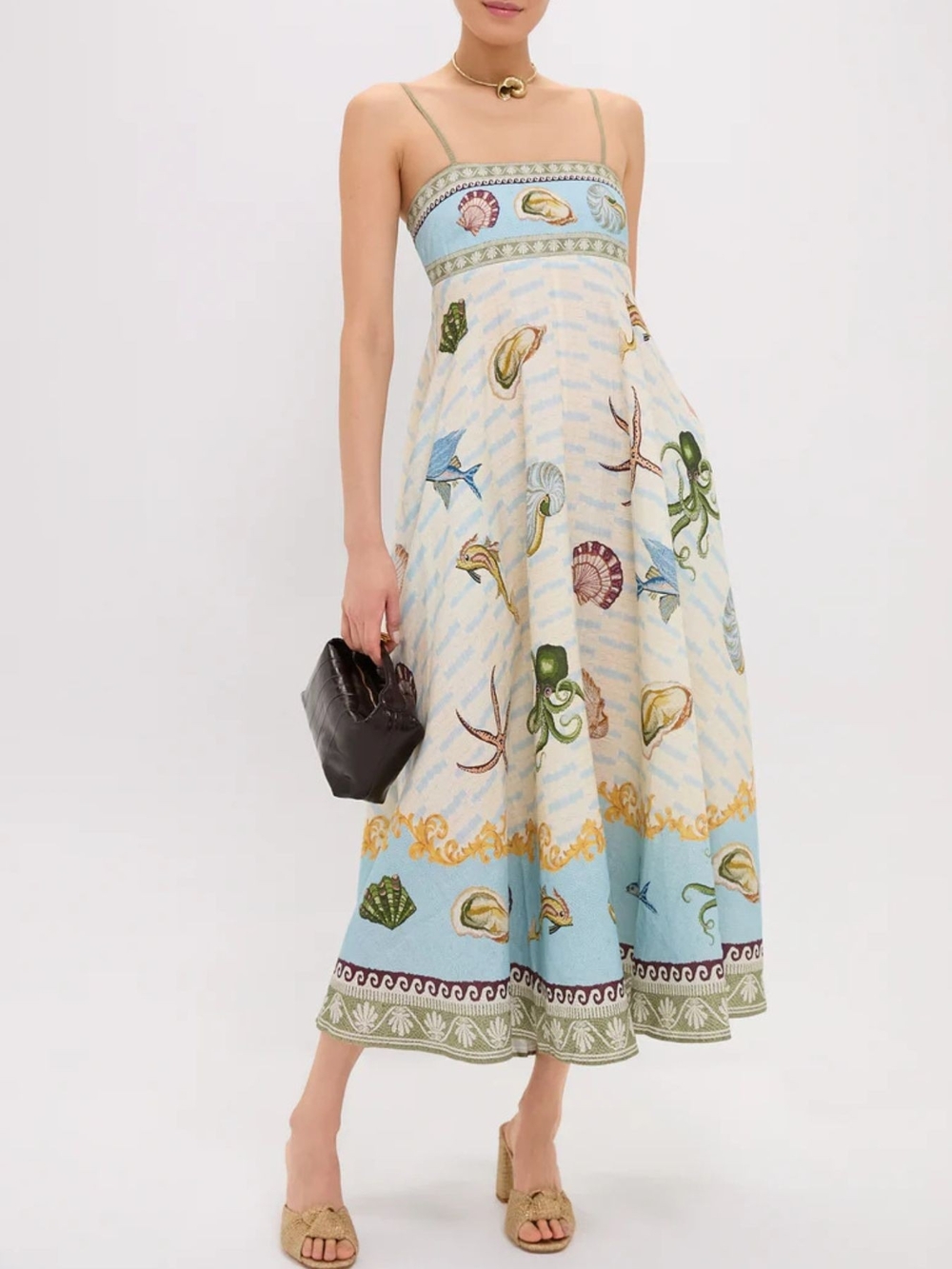 Sea Life Print Midi Sundress in Pale Blue and Cream